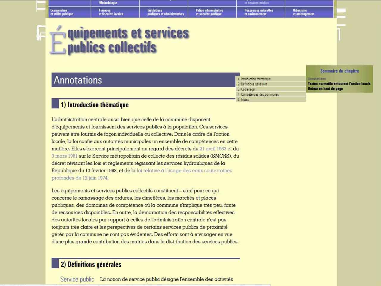 Recueil de textes normatifs annotés entourant l’action locale, Équipements et services publics collectifs