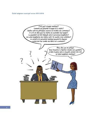 Un magistrat à son bureau panique, son assistante lui montre le Guide budgétaire