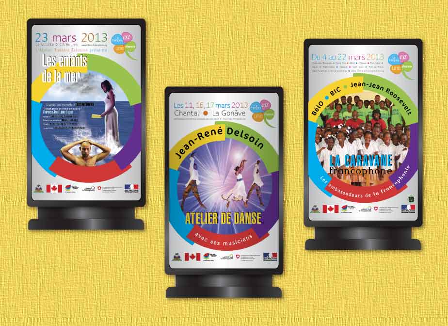 Affiche Les enfants de la mer, affiche Atelier de danse Jean-René Delsoin et affiche La caravane de la Francophonie, mars 2013